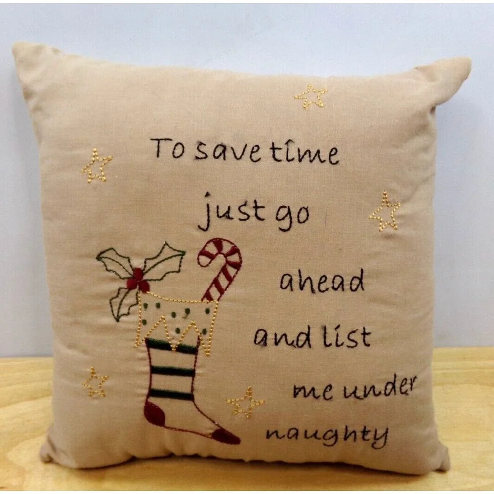 Lot of 2 Christmas Pillows Needlepoint & Folk Art Christmas Tree Naughty‎ List
